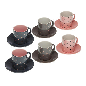 Set of 6 teacups with plates Hearts Ceramic (12 Pieces)